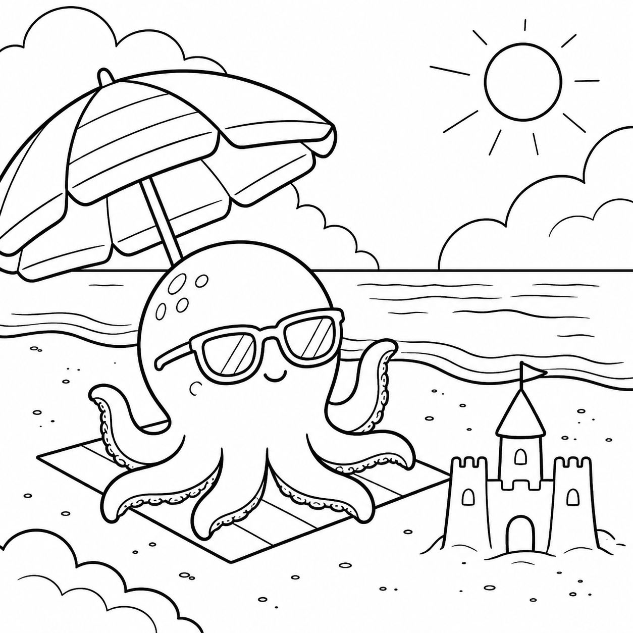 Doodle pulpo en la playa